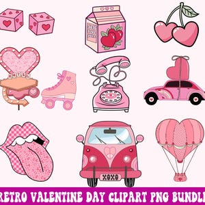 May include: A set of pink and white retro Valentine's Day clipart images. The images include a heart-shaped sign, roller skates, a phone, a car with a heart on top, a hot air balloon, a pair of dice, a carton of self-love juice, a pair of cherries, and a pair of lips with a tongue sticking out.