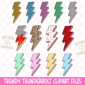 Peut inclure: Plusieurs fichiers clipart de boulons de foudre colorés et à motifs. Les motifs comprennent des motifs à carreaux, léopard, cerise et flamme. Le texte "TRENDY THUNDERBOLT CLIPART FILES" est affiché en bas de l'image.