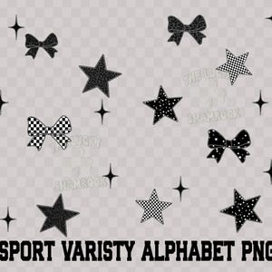 Puede incluir: Una colecci&oacute;n de elementos gr&aacute;ficos en blanco y negro, incluyendo estrellas y lazos, con varios patrones como lunares y dise&ntilde;os de cuadros. El texto "SPORT VARISTY ALPHABET PNG" se muestra en la parte inferior. El dise&ntilde;o est&aacute; sobre un fondo transparente.