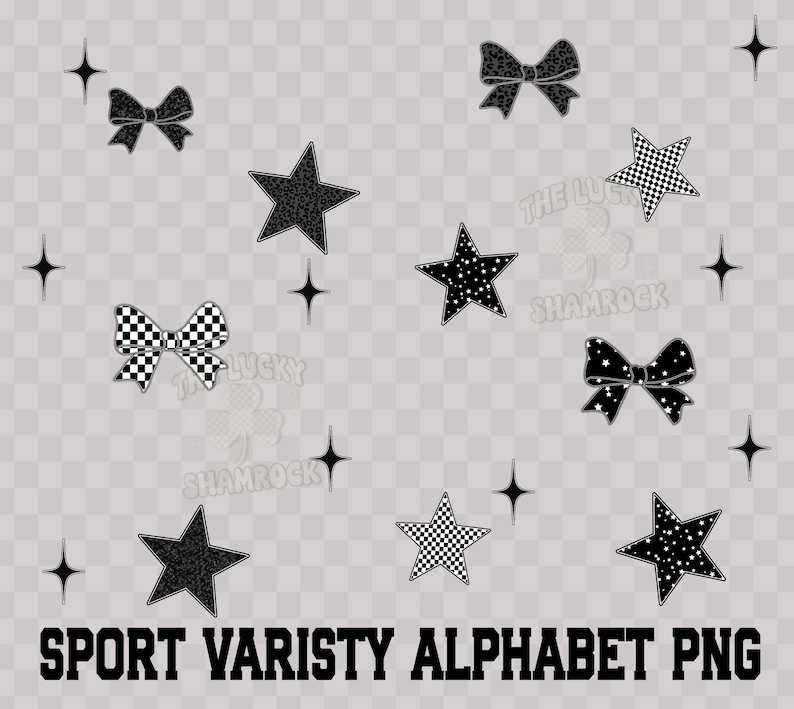 Puede incluir: Una colecci&oacute;n de elementos gr&aacute;ficos en blanco y negro, incluyendo estrellas y lazos, con varios patrones como lunares y dise&ntilde;os de cuadros. El texto "SPORT VARISTY ALPHABET PNG" se muestra en la parte inferior. El dise&ntilde;o est&aacute; sobre un fondo transparente.