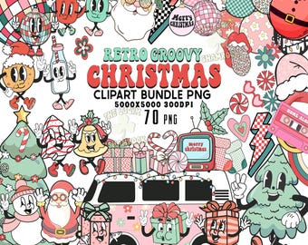 May include: A digital clipart bundle with a retro groovy Christmas theme. The image features various cartoon characters, including Santa Claus, Christmas trees, and gift boxes, along with the text "Retro Groovy Christmas". The color palette includes pink, red, and green.