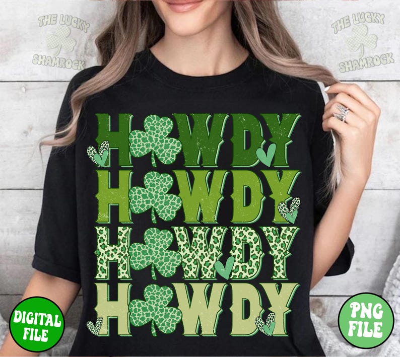 May include: Black t-shirt with a green, white, and yellow graphic design that says "Howdy" four times. Each "Howdy" is decorated with a shamrock design.