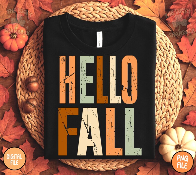 May include: Black t-shirt with the words "HELLO FALL" in a distressed, multi-colored font. The text is in shades of orange, beige, and green. The shirt is displayed on a woven mat with fall leaves and pumpkins.
