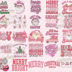 K&ouml;nnte beinhalten: Eine Sammlung von 16 digitalen Designs zum Thema Weihnachten mit verschiedenen Illustrationen und Texten. Die Designs beinhalten S&auml;tze wie "Frohe Weihnachten", "Sleigh Girl Sleigh", "H&ouml;r nicht auf zu glauben" und "Hallo 2025". Die Designs sind in einem rosa und wei&szlig;en Farbschema mit einem Retro-Stil gehalten.
