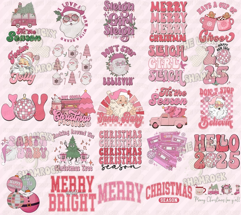 K&ouml;nnte beinhalten: Eine Sammlung von 16 digitalen Designs zum Thema Weihnachten mit verschiedenen Illustrationen und Texten. Die Designs beinhalten S&auml;tze wie "Frohe Weihnachten", "Sleigh Girl Sleigh", "H&ouml;r nicht auf zu glauben" und "Hallo 2025". Die Designs sind in einem rosa und wei&szlig;en Farbschema mit einem Retro-Stil gehalten.