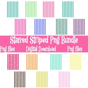 May include: A digital download graphic featuring various vertical striped patterns in multiple colors, including pink, blue, green, and orange. The text "Starred Striped Png Bundle" is displayed on a pink banner, along with "Png files" and "Digital Download".