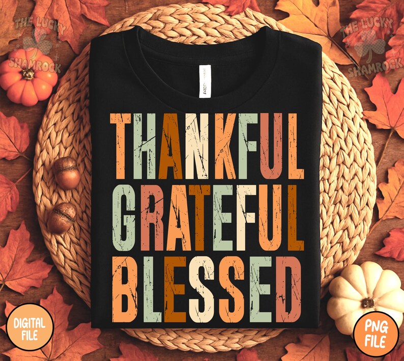 May include: Black t-shirt with the words "THANKFUL, GRATEFUL, BLESSED" in a distressed, vintage-style font. The text is in shades of orange, brown, and green. The shirt is displayed on a woven mat with fall leaves and pumpkins.