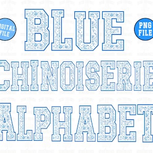Alfabeto Chinoiserie Azul PNG, Chinoiserie Varsity Png, Letras do time do colégio azul Png, Chinoiserie png, Alfabeto digital png, Fonte Varsity png