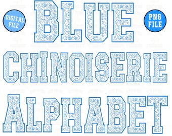 Blue Chinoiserie Alphabet PNG, Chinoiserie Varsity Png, Blue Varsity Letters Png, Chinoiserie png, Digital Alphabet png, Varsity font png