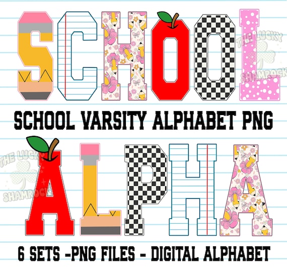 Retro Varsity Alphabet Png, School Doodle png, School Clipart Png, Teacher doodle png, Doodle font, Alpha Pack png, Digital Alphabet Bundle