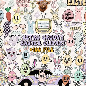 May include: A set of over 100 retro groovy Easter clipart images. The images feature a variety of Easter-themed designs, including bunnies, eggs, flowers, and more. The images are in a bright and colorful style, with a 1970s vibe. The text "Retro Groovy Easter Clipart +100 File" is included in the image.