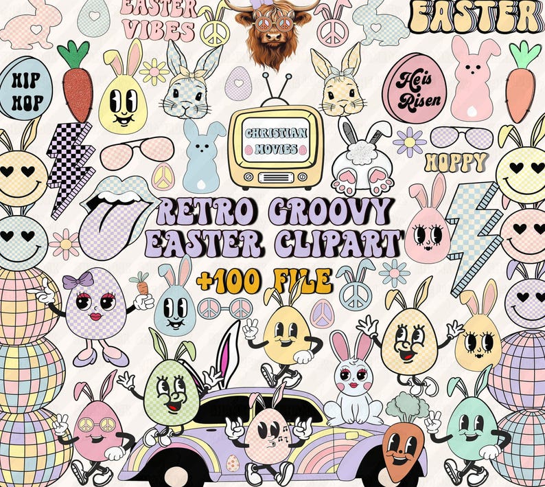 May include: A set of over 100 retro groovy Easter clipart images. The images feature a variety of Easter-themed designs, including bunnies, eggs, flowers, and more. The images are in a bright and colorful style, with a 1970s vibe. The text "Retro Groovy Easter Clipart +100 File" is included in the image.