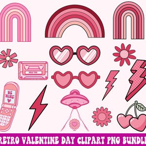 May include: A set of pink and red retro Valentine's Day clipart images. The set includes rainbows, hearts, flowers, lightning bolts, a cassette tape, a phone, a UFO, and cherries. The text "Be Mine" and "Only You" are included on the phone and cassette tape.