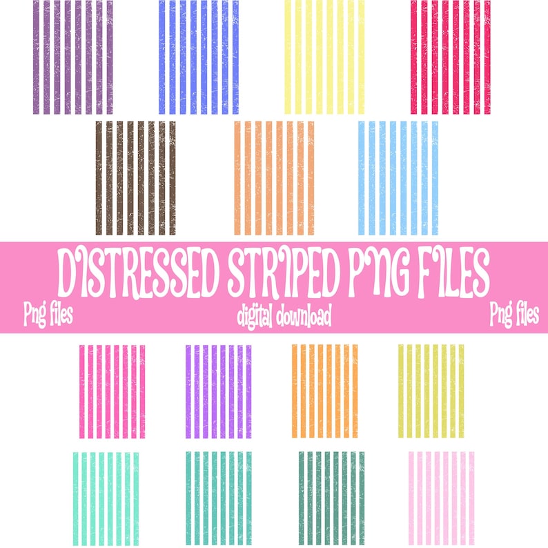 May include: A digital graphic featuring various distressed striped patterns in a variety of colors, including purple, blue, yellow, red, brown, orange, and pink. The text "DISTRESSED STRIPED PNG FILES" is displayed on a pink banner.