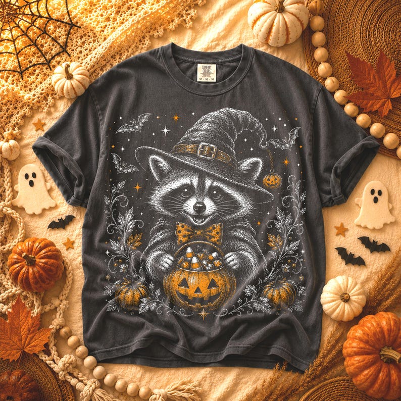 May include: A charcoal gray t-shirt featuring a graphic of a raccoon wearing a witch hat and a polka-dot bow tie, holding a jack-o'-lantern filled with candy corn. The design includes stars, bats, and swirling vines in white and orange.