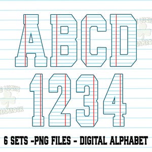 May include: Digital alphabet and numbers 1, 2, 3, 4, A, B, C, and D, in a collegiate style, with a lined paper background. The letters and numbers are outlined in black with a blue fill and a red vertical line. The text at the bottom reads "6 SETS - PNG FILES - DIGITAL ALPHABET."