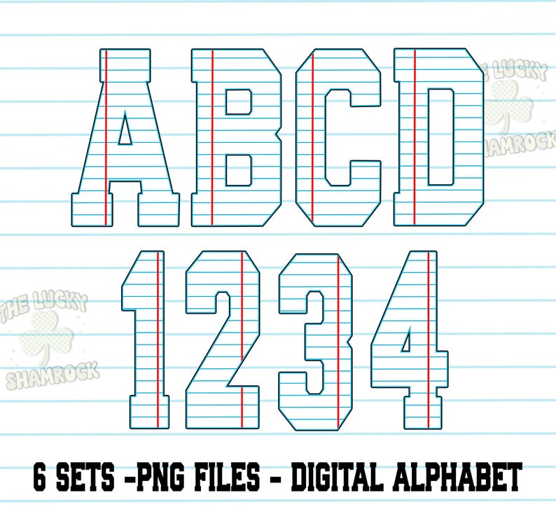 May include: Digital alphabet and numbers 1, 2, 3, 4, A, B, C, and D, in a collegiate style, with a lined paper background. The letters and numbers are outlined in black with a blue fill and a red vertical line. The text at the bottom reads "6 SETS - PNG FILES - DIGITAL ALPHABET."