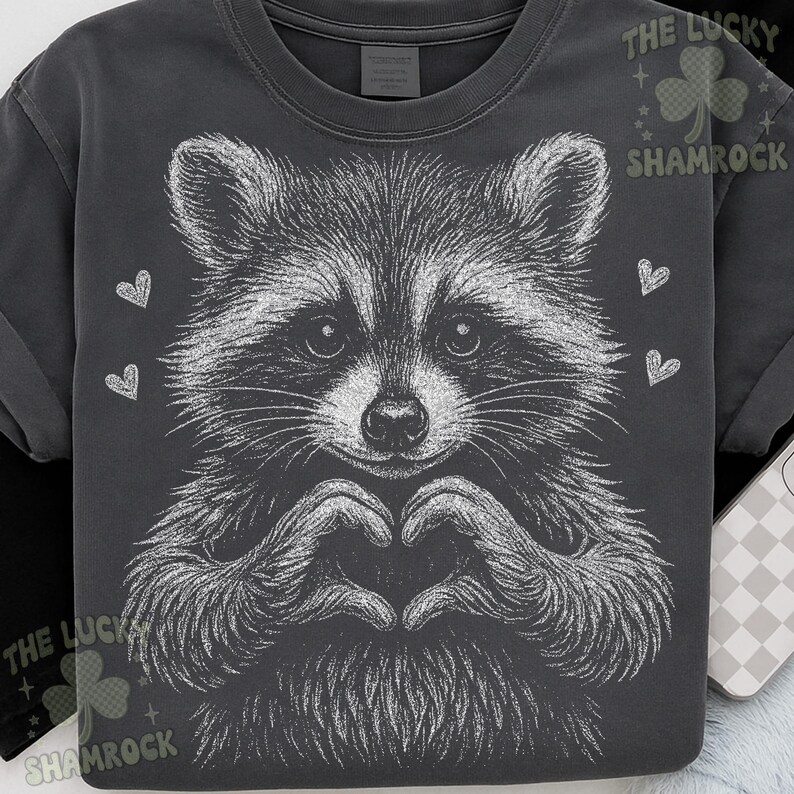 Peut inclure: T-shirt gris fonc&eacute; avec une illustration blanche d&eacute;taill&eacute;e d'un raton laveur formant un c&oelig;ur avec ses mains. Le motif comprend de petits c&oelig;urs blancs et le texte "THE LUCKY SHAMROCK".