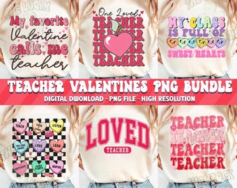 May include: A digital download bundle of 10 Valentine's Day themed teacher graphics. The graphics feature various designs with hearts, chequered patterns, and the words "My favourite Valentine calls me teacher", "One Loved Teacher", "My Class is Full of Sweet Hearts", "Loved Teacher", and "Teacher Teacher Teacher Teacher".
