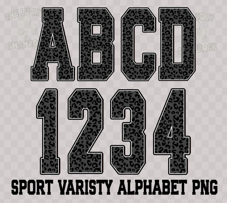 Puede incluir: Alfabeto y n&uacute;meros de estilo universitario en negro y gris, incluyendo A, B, C, D, 1, 2, 3 y 4, con un estampado de leopardo. El texto "SPORT VARISTY ALPHABET PNG" est&aacute; en la parte inferior.