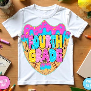 May include: White t-shirt featuring a colorful graphic that reads "FOURTH GRADE." The design includes a pink and blue ice cream cone shape with sprinkles, a baseball, and a pencil. The shirt is made of a soft material.