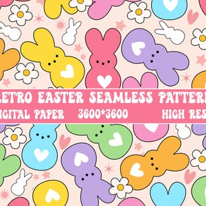 Może przedstawiać: Wz&oacute;r bez szw&oacute;w z pastelowymi kształtami kr&oacute;lik&oacute;w wielkanocnych z sercami i kwiatami na jasnor&oacute;żowym tle. Tekst "Retro Easter Seamless Pattern" znajduje się w g&oacute;rnej części obrazu, a tekst "Digital Paper 3600*3600 High Reso" znajduje się w dolnej części obrazu.