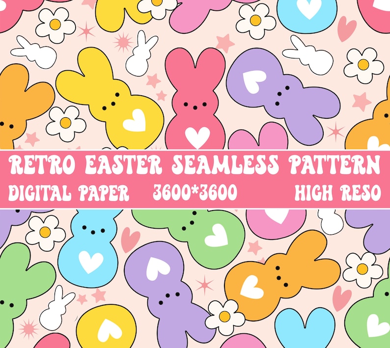 Może przedstawiać: Wz&oacute;r bez szw&oacute;w z pastelowymi kształtami kr&oacute;lik&oacute;w wielkanocnych z sercami i kwiatami na jasnor&oacute;żowym tle. Tekst "Retro Easter Seamless Pattern" znajduje się w g&oacute;rnej części obrazu, a tekst "Digital Paper 3600*3600 High Reso" znajduje się w dolnej części obrazu.