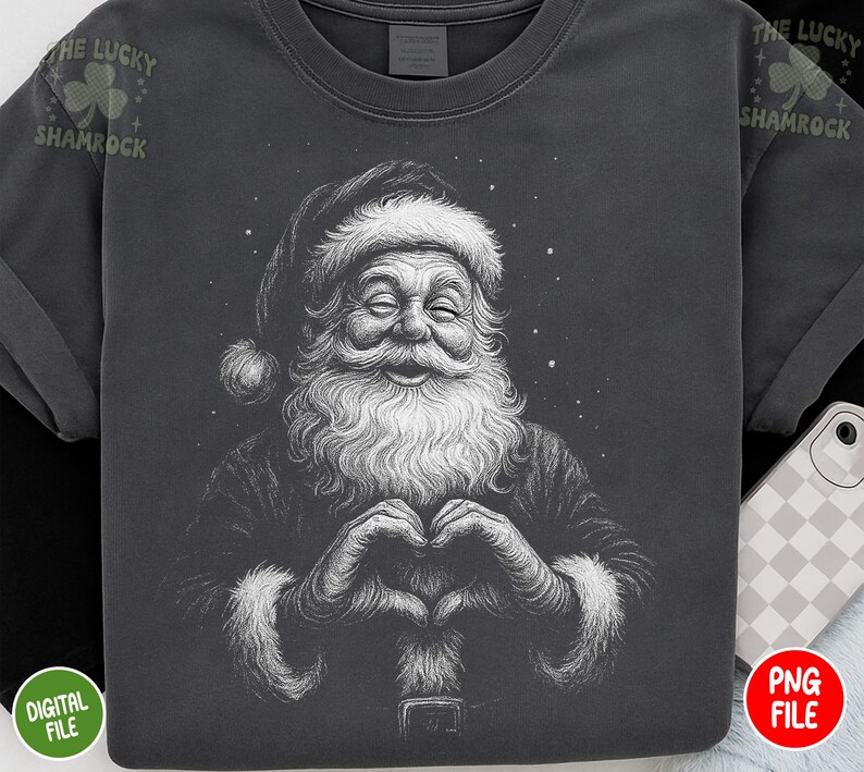 May include: Dark gray t-shirt featuring a detailed illustration of Santa Claus forming a heart shape with his hands. Santa is smiling with his eyes closed, and has a long white beard and hat. The text "The Lucky Shamrock" is printed on the top left and right.