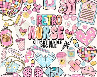 Retro Nurse Clipart Bundle, Groovy Medical Graphics (PNG)