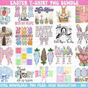 May include: A digital download bundle of 16 Easter-themed PNG files. The images feature various designs, including bunnies, eggs, crosses, and inspirational quotes. The designs are perfect for creating t-shirts, mugs, tote bags, and other crafts.