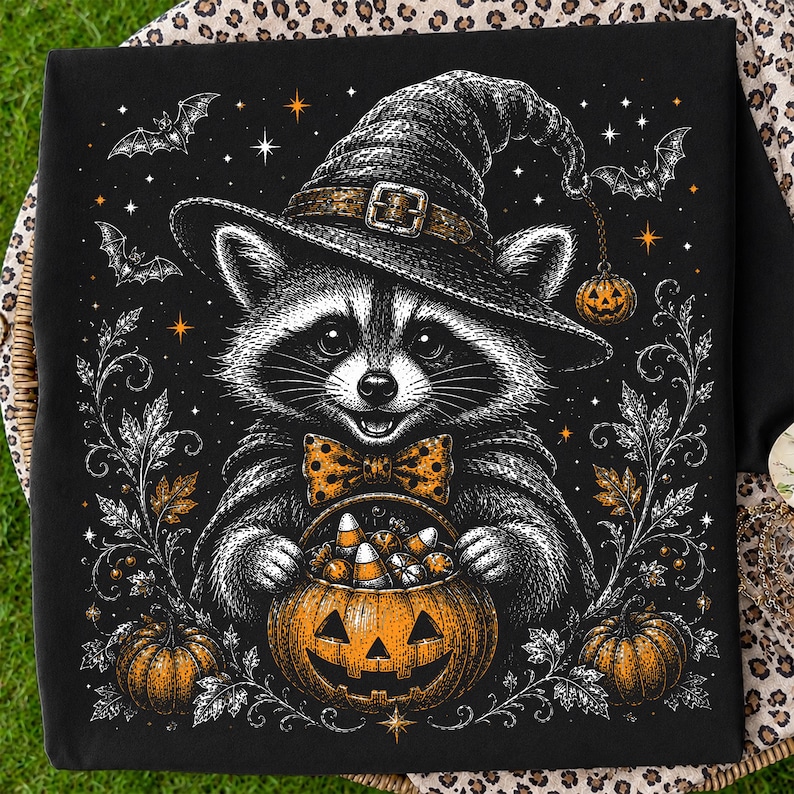 May include: A black t-shirt featuring a graphic illustration of a raccoon wearing a witch hat and a polka-dot bow tie. The raccoon holds a jack-o'-lantern bucket filled with candy corn. The design includes bats, stars, and pumpkins.