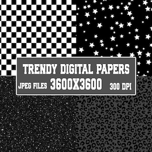 Op de afbeelding: Een digitale afbeelding met vier verschillende patronen: een zwart-wit dambord, een zwarte achtergrond met witte sterren, een zwarte glittertextuur en een donkergrijze luipaardprint. De afbeelding bevat de tekst "TRENDY DIGITAL PAPERS" en bestandspecificaties.