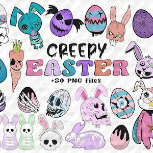 Può includere: Una collezione di illustrazioni digitali a tema Pasqua spettrale. Le immagini includono teschi, coniglietti e uova con un'estetica inquietante. Il testo "CREEPY EASTER" è visualizzato in lettere colorate, con "+20 PNG files" sotto.