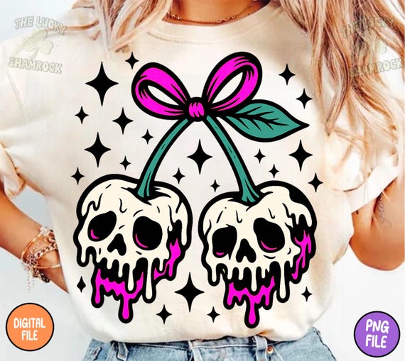 Melted Skull Cherries PNG, Spooky Halloween Skull Bow Clipart, Creepy Cute Halloween PNG, Gothic Cherry Skull Design, Spooky Coquette PNG