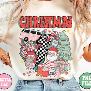 May include: Cream-colored t-shirt with a retro Christmas graphic. The design features the word "CHRISTMAS" in red, along with a pink van, Santa Claus, a Christmas tree, and other festive elements. The shirt also has "DIGITAL FILE" and "PNG FILE" labels.