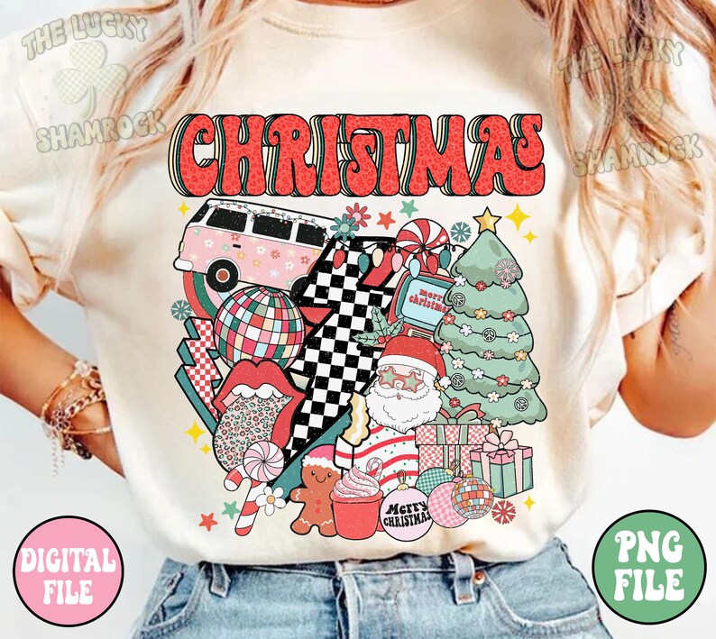 May include: Cream-colored t-shirt with a retro Christmas graphic. The design features the word "CHRISTMAS" in red, along with a pink van, Santa Claus, a Christmas tree, and other festive elements. The shirt also has "DIGITAL FILE" and "PNG FILE" labels.