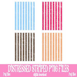 May include: Four distressed striped PNG files in blue, pink, brown, and peach. The vertical stripes have a worn, textured appearance. The image includes the text "DISTRESSED STRIPED PNG FILES" in a white, stylized font.