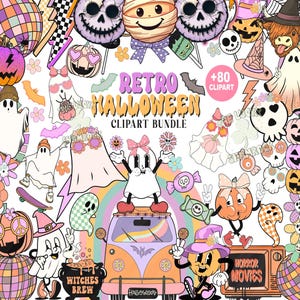 Retro Halloween Clipart Bundle, Halloween Bow Png, Groovy Halloween Sublimation Designs, daisy flower ghost pumpkin clipart, boho Halloween
