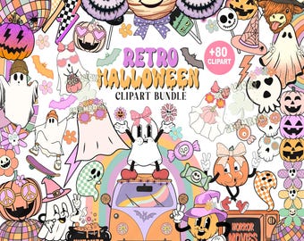 Retro Halloween Clipart-paket, Halloween-rosett Png, Groovy Halloween-sublimeringsdesigner, clipart med prästkrageblomma och spökpumpa, boho Halloween
