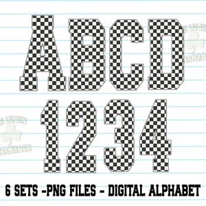 May include: Digital alphabet and numbers A, B, C, D, 1, 2, 3, and 4. Each character has a black and white checkered pattern. The text at the bottom reads "6 SETS - PNG FILES - DIGITAL ALPHABET".