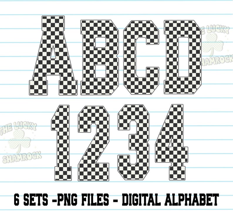 May include: Digital alphabet and numbers A, B, C, D, 1, 2, 3, and 4. Each character has a black and white checkered pattern. The text at the bottom reads "6 SETS - PNG FILES - DIGITAL ALPHABET".