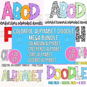 Mega Alphabet Doodle PNG Bundle, Dalmatian, Checkered, Leopard & Stars Letters, Cute Teacher Font PNG, Sublimation Letters Clipart Set