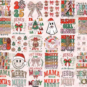 K&ouml;nnte beinhalten: Ein digitales Papierpaket mit rosa Hintergrund und verschiedenen weihnachtlichen Designs. Die Designs beinhalten Text, Illustrationen und Muster. Einige der Texte beinhalten "Frohe Weihnachten", "Jesus ist der Grund", "Hallo 2025", "Mama Weihnachtsmann" und "Santas Liebling".