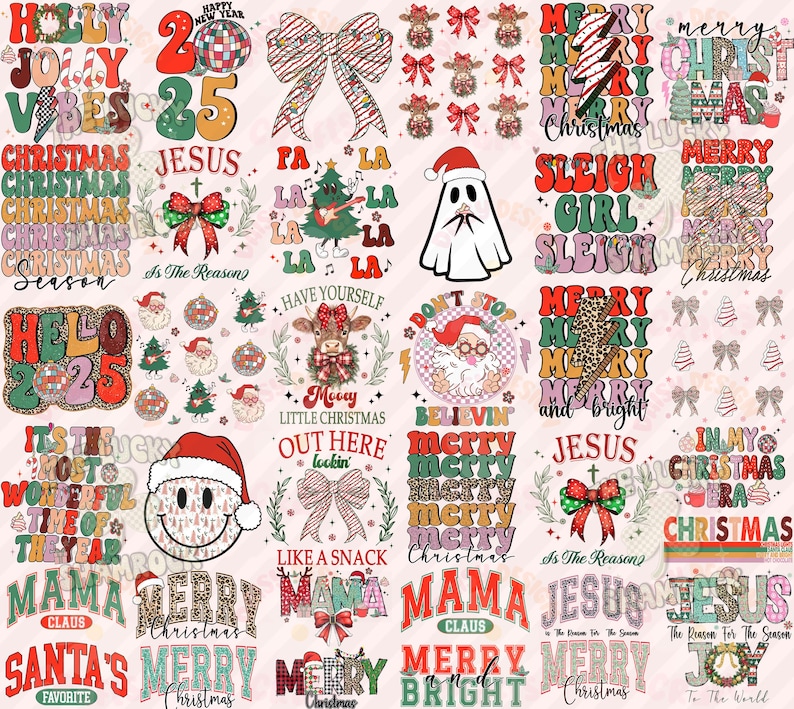 K&ouml;nnte beinhalten: Ein digitales Papierpaket mit rosa Hintergrund und verschiedenen weihnachtlichen Designs. Die Designs beinhalten Text, Illustrationen und Muster. Einige der Texte beinhalten "Frohe Weihnachten", "Jesus ist der Grund", "Hallo 2025", "Mama Weihnachtsmann" und "Santas Liebling".