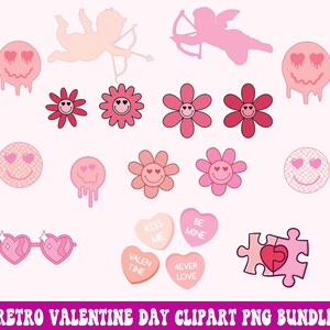 May include: A set of pink and red retro Valentine's Day clipart images. The images include hearts, flowers, smiley faces, a cupid, and candy hearts with phrases like "Kiss Me" and "Be Mine".