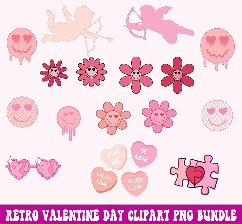 May include: A set of pink and red retro Valentine's Day clipart images. The images include hearts, flowers, smiley faces, a cupid, and candy hearts with phrases like "Kiss Me" and "Be Mine".