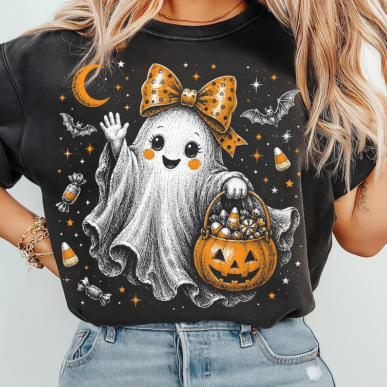 May include: A black crewneck sweatshirt featuring a graphic of a white ghost with a large orange polka-dot bow, waving one hand and holding a jack-o'-lantern bucket filled with candy. The design includes bats, stars, a crescent moon, and candy.