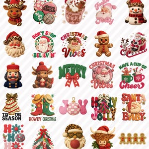 Op de afbeelding: Een verzameling kerstontwerpen met de kerstman, rendieren, sneeuwpoppen en peperkoekenmannen. De ontwerpen bevatten tekst als "Merry Christmas", "Christmas Vibes" en "Santa Baby". Het kleurenpalet omvat rood, groen, roze en bruin.