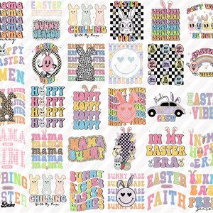 May include: A digital collage of 16 colorful Easter-themed designs featuring bunnies, eggs, and various text phrases like "Hoppy Vibes", "Mama Bunny", "Easter Faith", and "Bunny Babe".