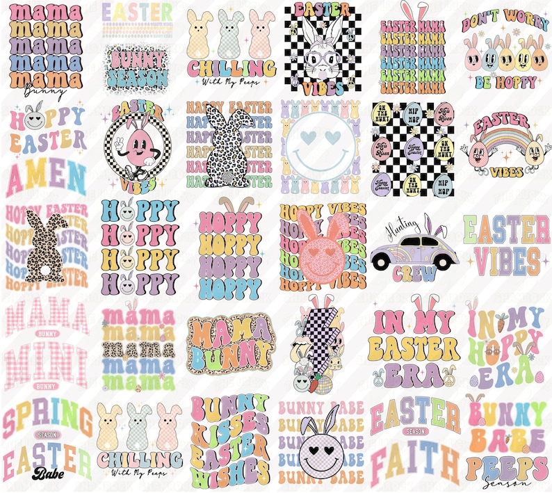 May include: A digital collage of 16 colorful Easter-themed designs featuring bunnies, eggs, and various text phrases like "Hoppy Vibes", "Mama Bunny", "Easter Faith", and "Bunny Babe".